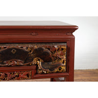 This-is-a-picture-of-a-Chinese Red Lacquered Console Table with Hand Carved Drawers and Geometric Shelf-image-position-13-style-YN6167-Shop-for-Vintage-and-Antique-Asian-and-Chinese-Furniture-for-sale-at-FEA Home-NYC