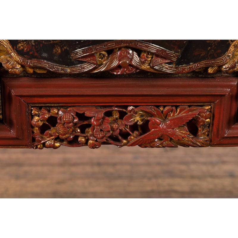This-is-a-picture-of-a-Chinese Red Lacquered Console Table with Hand Carved Drawers and Geometric Shelf-image-position-16-style-YN6167-Shop-for-Vintage-and-Antique-Asian-and-Chinese-Furniture-for-sale-at-FEA Home-NYC