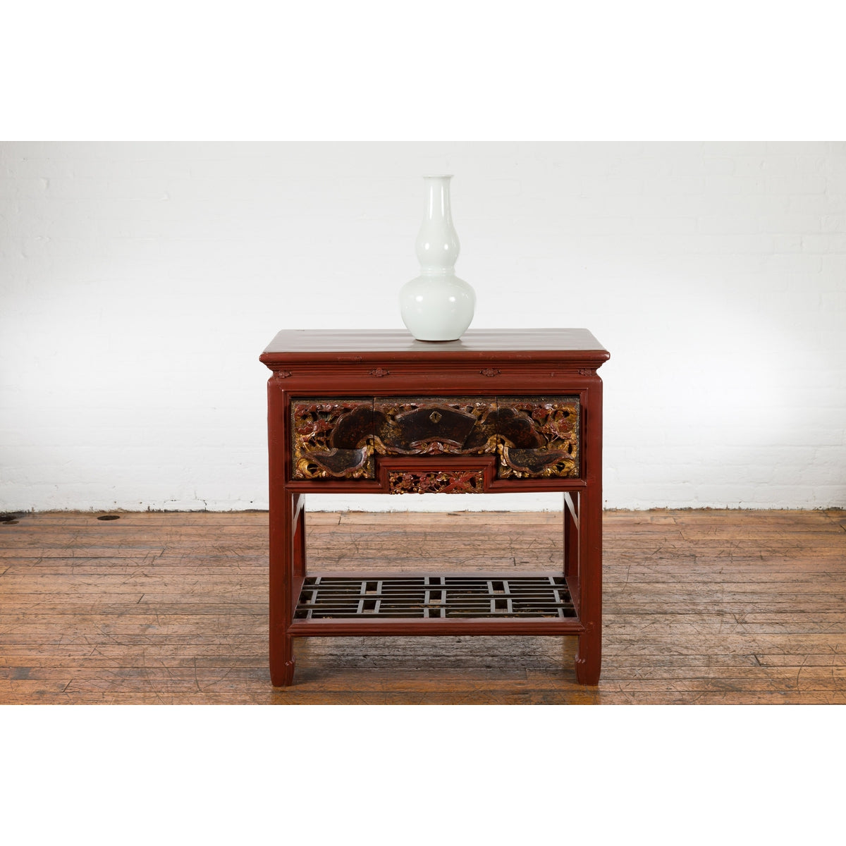 Chinese Red Lacquered Console Table with Hand Carved Drawers and Geometric Shelf-2. Asian & Chinese Furniture, Art, Antiques, Vintage Home Décor for sale at FEA Home