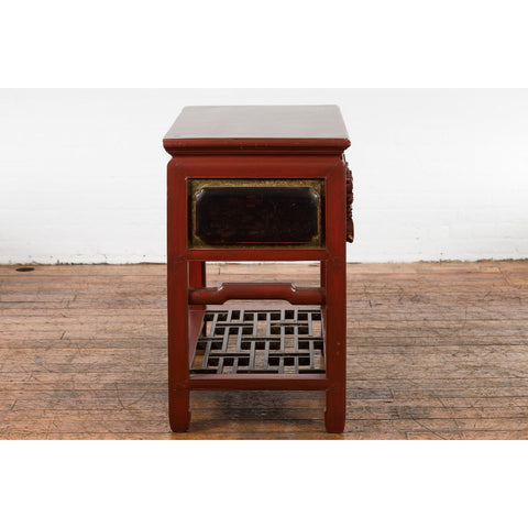 This-is-a-picture-of-a-Chinese Red Lacquered Console Table with Hand Carved Drawers and Geometric Shelf-image-position-21-style-YN6167-Shop-for-Vintage-and-Antique-Asian-and-Chinese-Furniture-for-sale-at-FEA Home-NYC