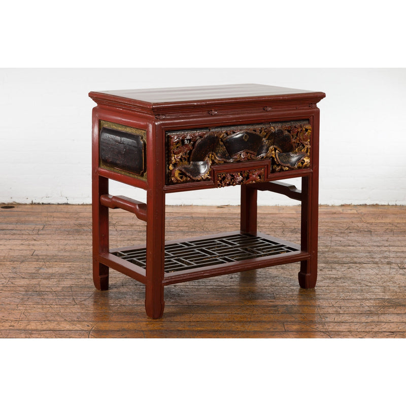 This-is-a-picture-of-a-Chinese Red Lacquered Console Table with Hand Carved Drawers and Geometric Shelf-image-position-3-style-YN6167-Shop-for-Vintage-and-Antique-Asian-and-Chinese-Furniture-for-sale-at-FEA Home-NYC