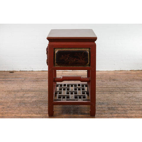 This-is-a-picture-of-a-Chinese Red Lacquered Console Table with Hand Carved Drawers and Geometric Shelf-image-position-4-style-YN6167-Shop-for-Vintage-and-Antique-Asian-and-Chinese-Furniture-for-sale-at-FEA Home-NYC