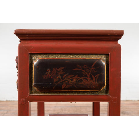 Chinese Red Lacquered Console Table with Hand Carved Drawers and Geometric Shelf