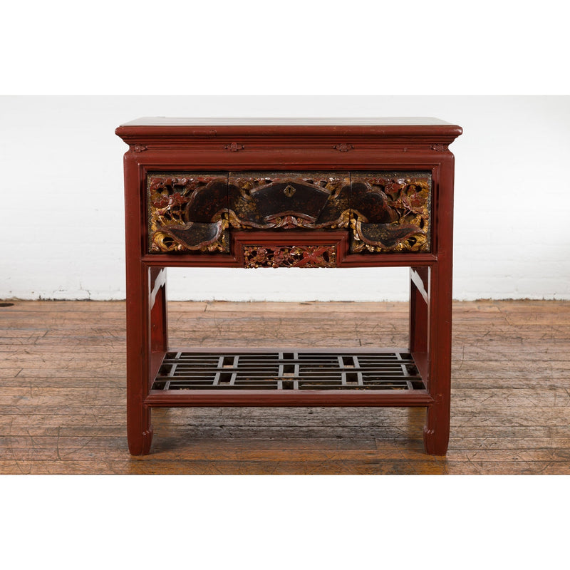 This-is-a-picture-of-a-Chinese Red Lacquered Console Table with Hand Carved Drawers and Geometric Shelf-image-position-7-style-YN6167-Shop-for-Vintage-and-Antique-Asian-and-Chinese-Furniture-for-sale-at-FEA Home-NYC