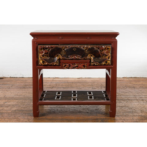 Chinese Red Lacquered Console Table with Hand Carved Drawers and Geometric Shelf-YN6167-7. Asian & Chinese Furniture, Art, Antiques, Vintage Home Décor for sale at FEA Home