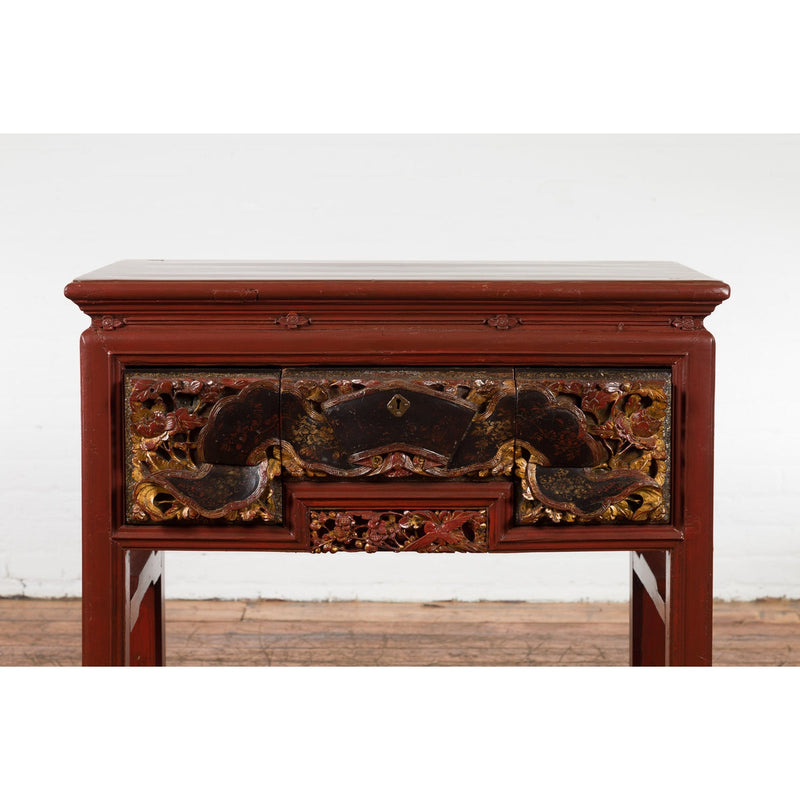 This-is-a-picture-of-a-Chinese Red Lacquered Console Table with Hand Carved Drawers and Geometric Shelf-image-position-8-style-YN6167-Shop-for-Vintage-and-Antique-Asian-and-Chinese-Furniture-for-sale-at-FEA Home-NYC