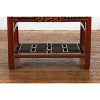 This-is-a-picture-of-a-Chinese Red Lacquered Console Table with Hand Carved Drawers and Geometric Shelf-image-position-9-style-YN6167-Shop-for-Vintage-and-Antique-Asian-and-Chinese-Furniture-for-sale-at-FEA Home-NYC