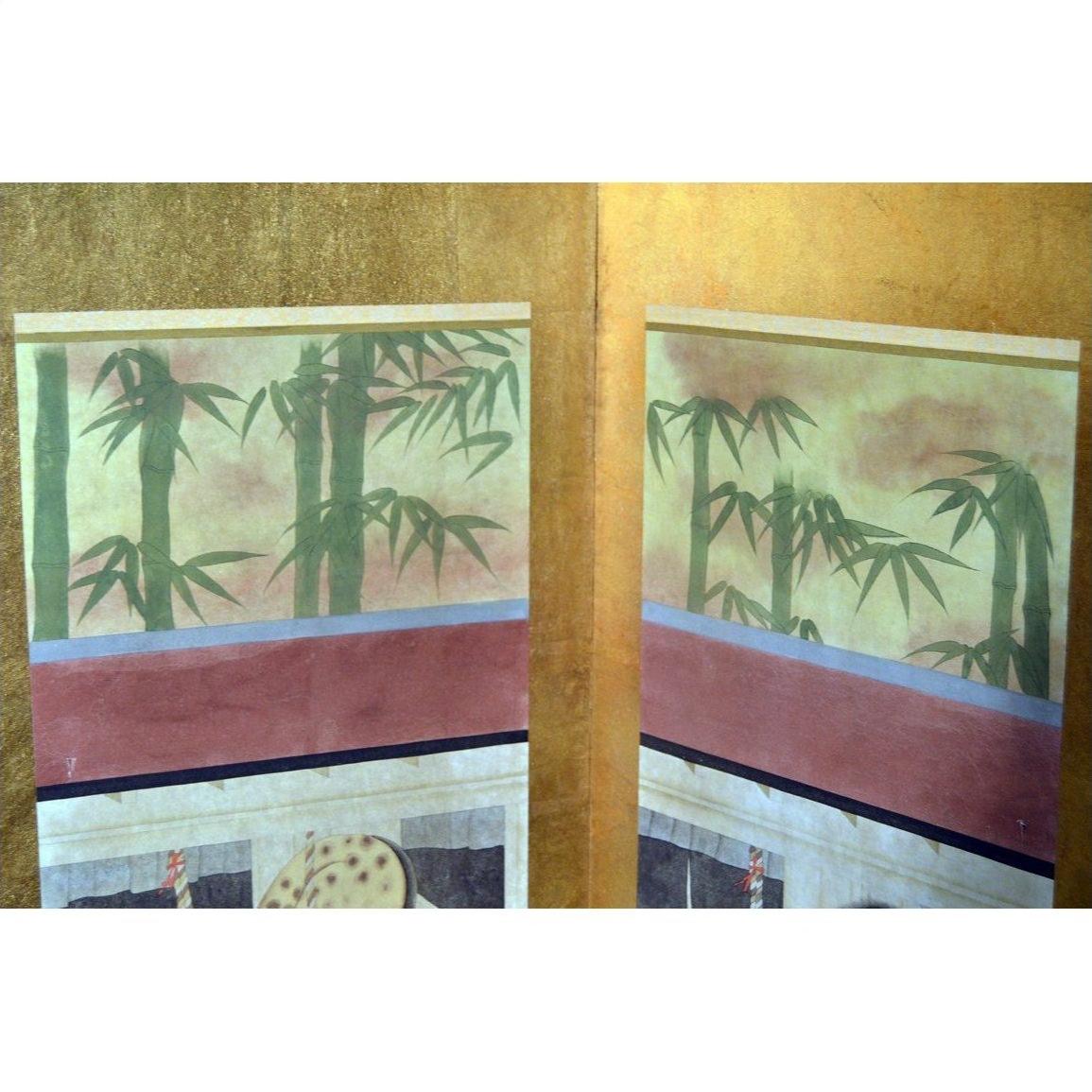 Green bamboo and leaves on muted background, gold four-panel Chinese screen, decorative room divider.