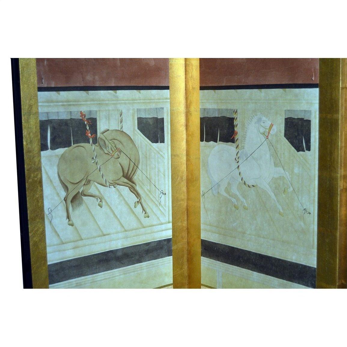 Brown lacquered wood Chinese screen with four panels, hand painted horses in enclosure, gold decorative borders.