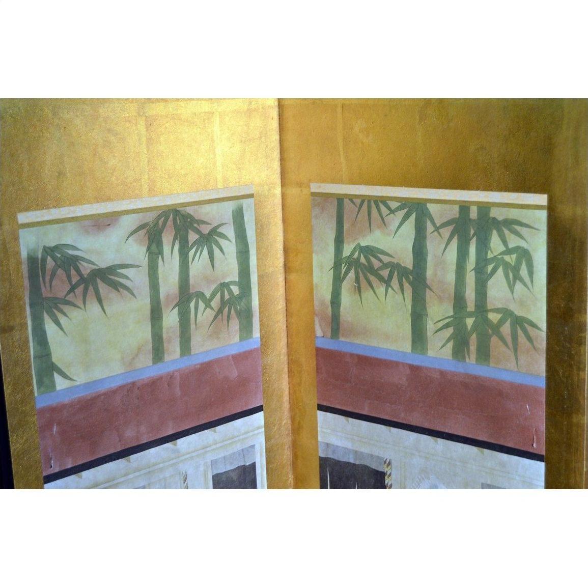 Gold and green painted Chinese screen with two panels, bamboo design, bordered by colorful horizontal bands.