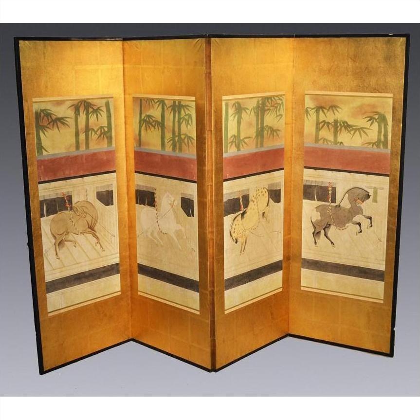 Gold Chinese screen with four hand-painted horse panels and bamboo design on upper sections, lacquered wood.