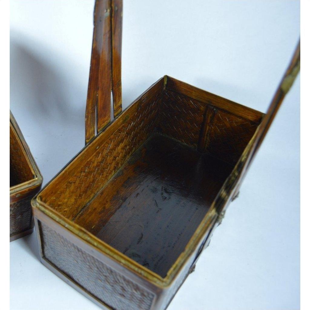 Red lacquered wood Shandong wedding box with hinged handles on a white background, viewed from above and side.