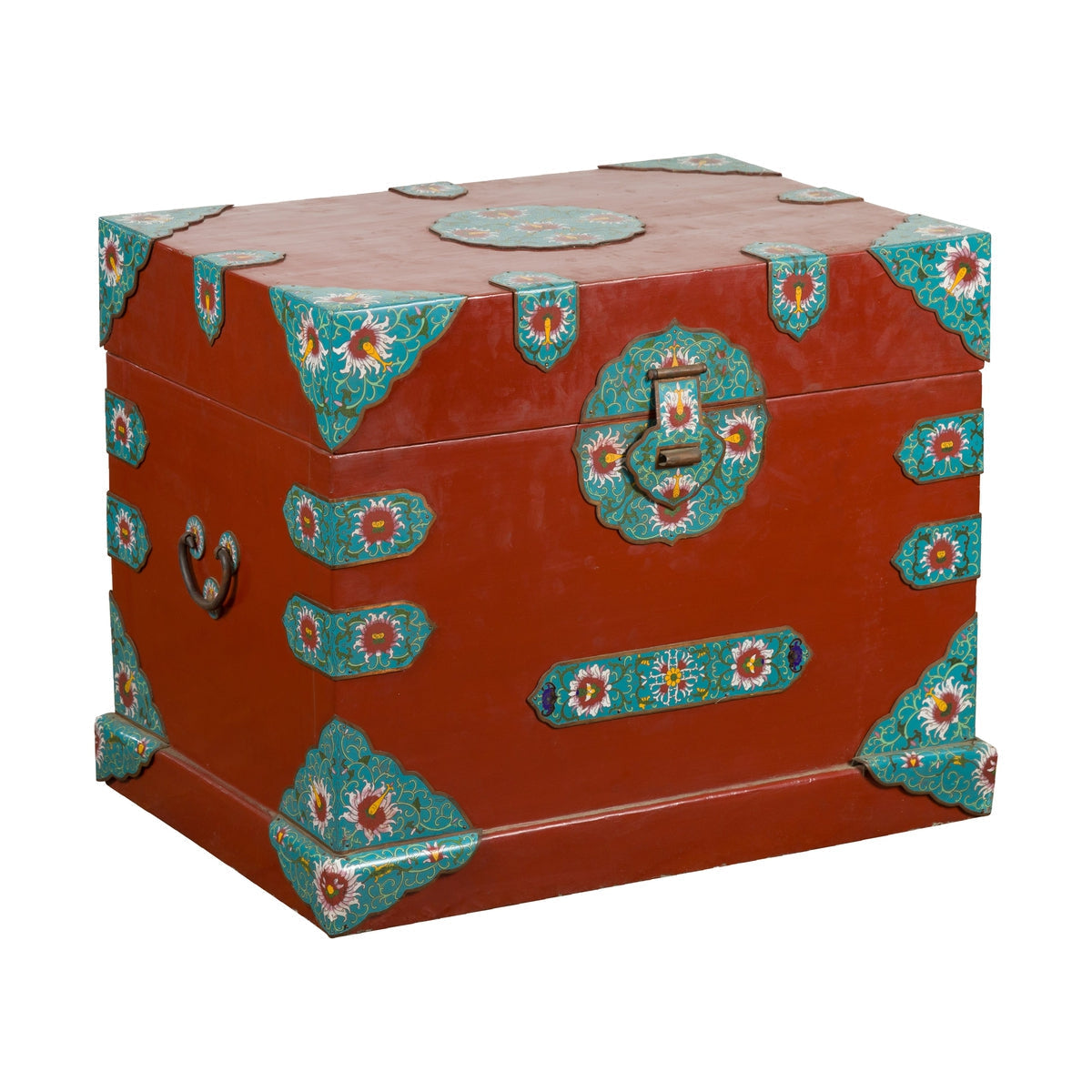 Chinese Vintage Blanket Chest with Red Lacquer and Cloisonné Floral Décor-1. Asian & Chinese Furniture, Art, Antiques, Vintage Home Décor for sale at FEA Home