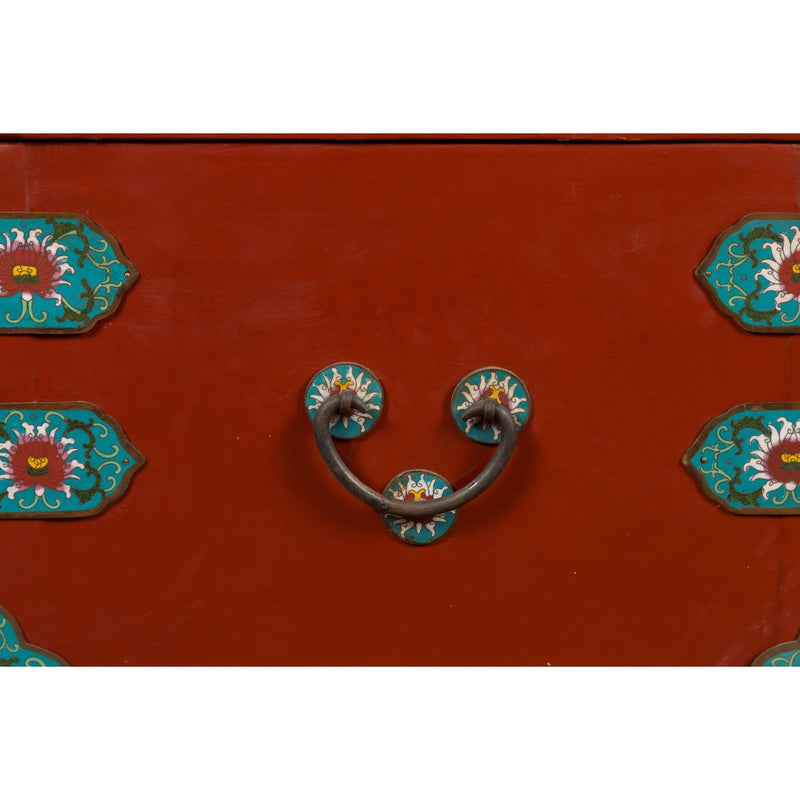 This-is-a-picture-of-a-Chinese Vintage Blanket Chest with Red Lacquer and Cloisonné Floral Décor-image-position-11-style-YN7650-Shop-for-Vintage-and-Antique-Asian-and-Chinese-Furniture-for-sale-at-FEA Home-NYC