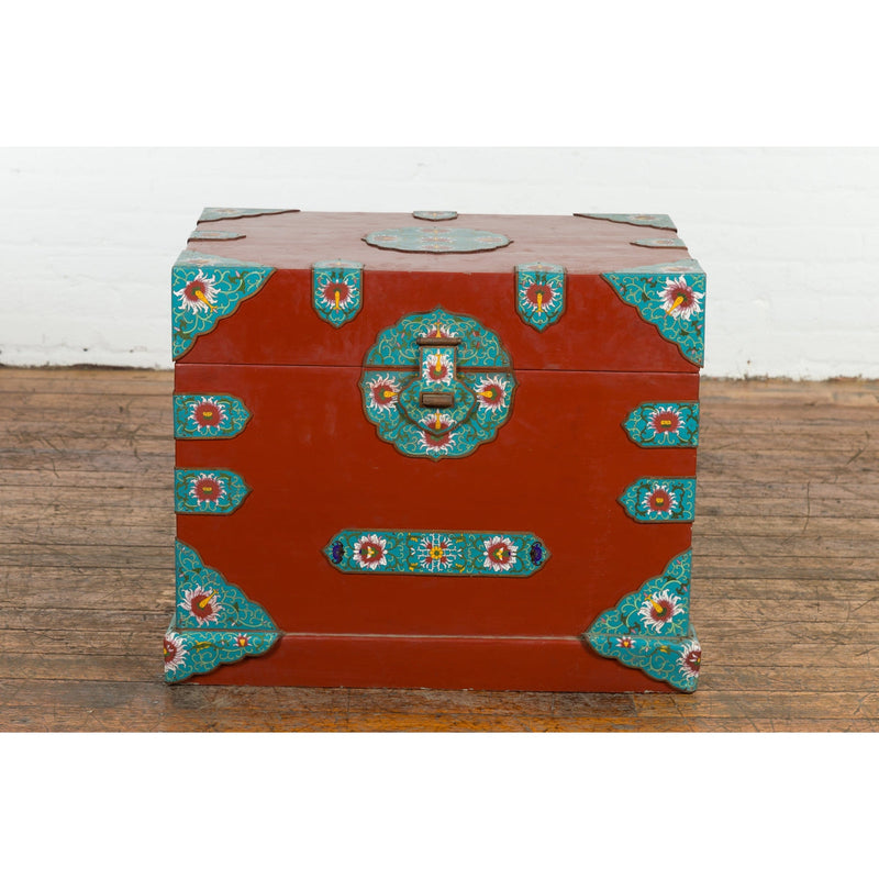 This-is-a-picture-of-a-Chinese Vintage Blanket Chest with Red Lacquer and Cloisonné Floral Décor-image-position-12-style-YN7650-Shop-for-Vintage-and-Antique-Asian-and-Chinese-Furniture-for-sale-at-FEA Home-NYC