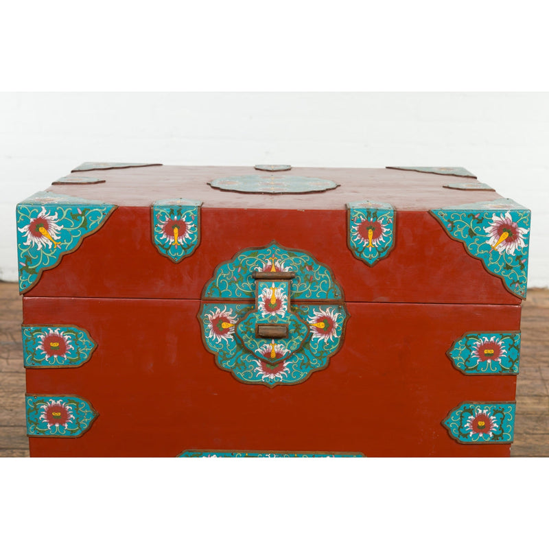This-is-a-picture-of-a-Chinese Vintage Blanket Chest with Red Lacquer and Cloisonné Floral Décor-image-position-13-style-YN7650-Shop-for-Vintage-and-Antique-Asian-and-Chinese-Furniture-for-sale-at-FEA Home-NYC
