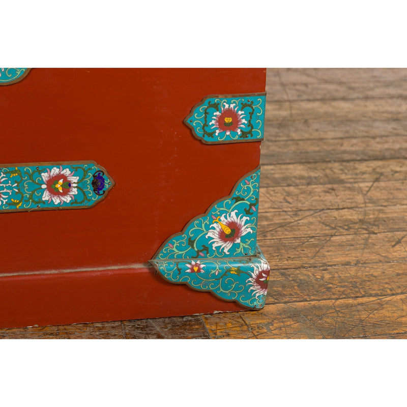 This-is-a-picture-of-a-Chinese Vintage Blanket Chest with Red Lacquer and Cloisonné Floral Décor-image-position-15-style-YN7650-Shop-for-Vintage-and-Antique-Asian-and-Chinese-Furniture-for-sale-at-FEA Home-NYC
