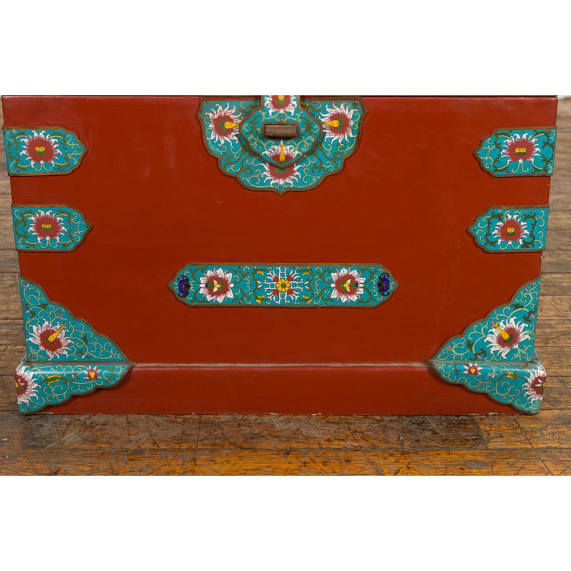 This-is-a-picture-of-a-Chinese Vintage Blanket Chest with Red Lacquer and Cloisonné Floral Décor-image-position-16-style-YN7650-Shop-for-Vintage-and-Antique-Asian-and-Chinese-Furniture-for-sale-at-FEA Home-NYC