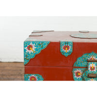 Chinese Vintage Blanket Chest with Red Lacquer and Cloisonné Floral Décor