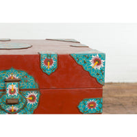 Chinese Vintage Blanket Chest with Red Lacquer and Cloisonné Floral Décor
