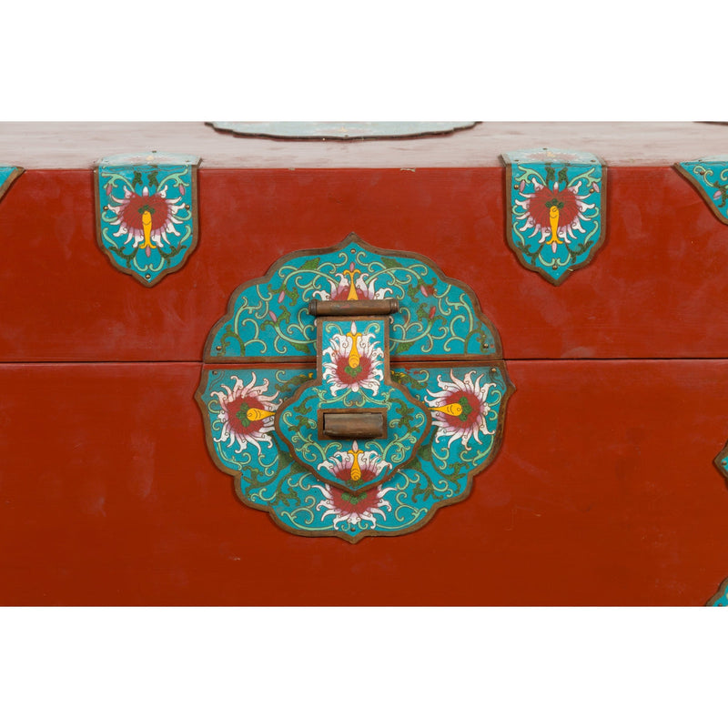 This-is-a-picture-of-a-Chinese Vintage Blanket Chest with Red Lacquer and Cloisonné Floral Décor-image-position-19-style-YN7650-Shop-for-Vintage-and-Antique-Asian-and-Chinese-Furniture-for-sale-at-FEA Home-NYC