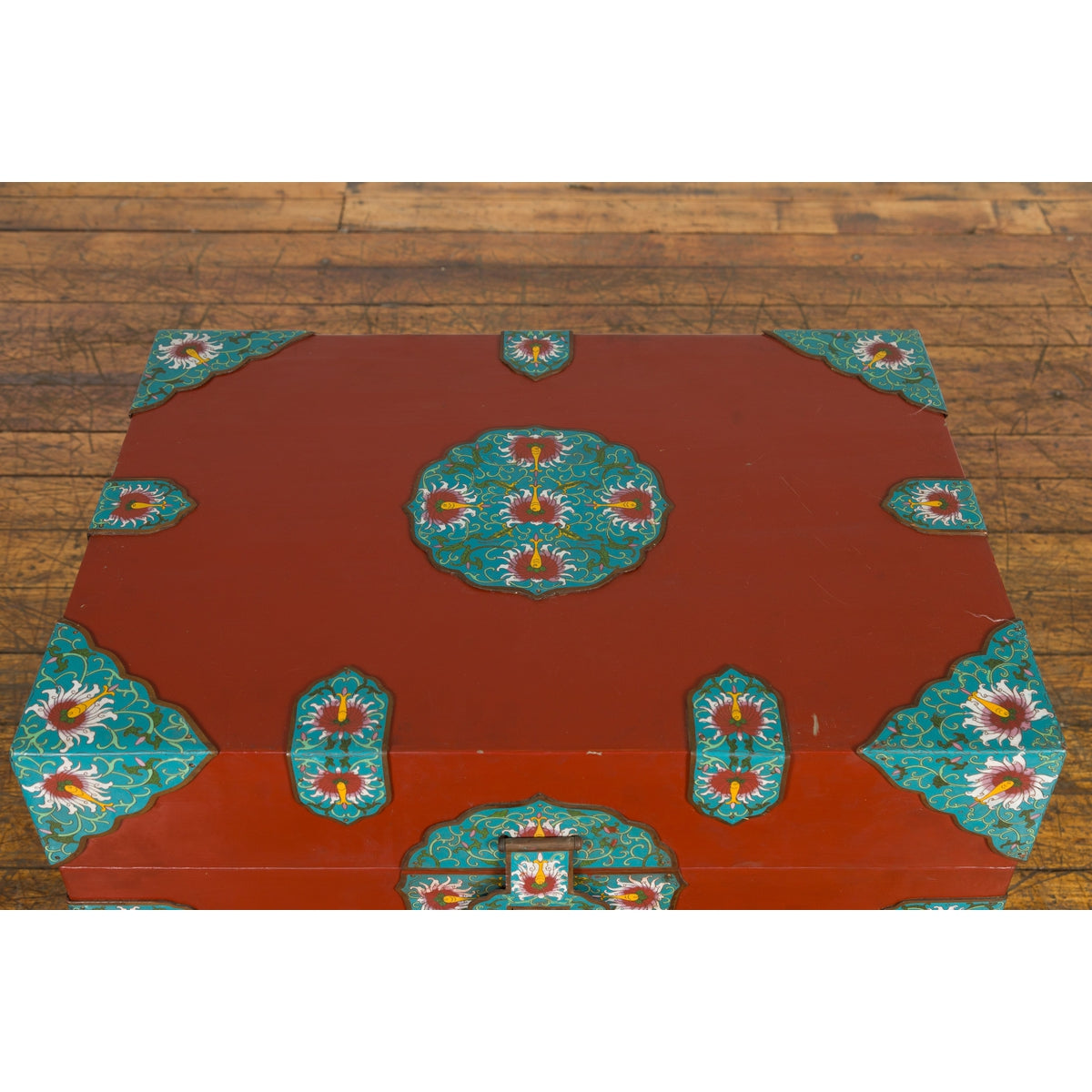 Chinese Vintage Blanket Chest with Red Lacquer and Cloisonné Floral Décor-2. Asian & Chinese Furniture, Art, Antiques, Vintage Home Décor for sale at FEA Home