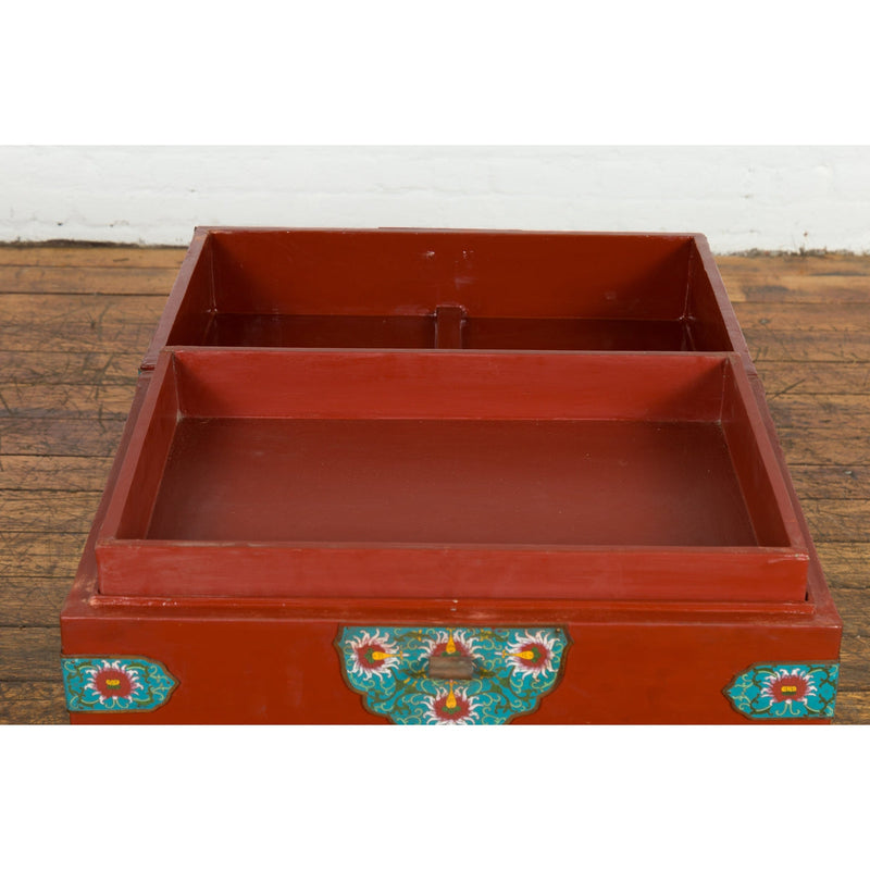 This-is-a-picture-of-a-Chinese Vintage Blanket Chest with Red Lacquer and Cloisonné Floral Décor-image-position-4-style-YN7650-Shop-for-Vintage-and-Antique-Asian-and-Chinese-Furniture-for-sale-at-FEA Home-NYC