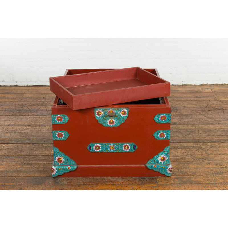 This-is-a-picture-of-a-Chinese Vintage Blanket Chest with Red Lacquer and Cloisonné Floral Décor-image-position-5-style-YN7650-Shop-for-Vintage-and-Antique-Asian-and-Chinese-Furniture-for-sale-at-FEA Home-NYC