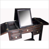 Chinese Vintage Dark Lacquered Wood Dressing Table with Mirror and Drawers