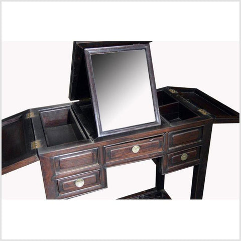 Chinese Vintage Dark Lacquered Wood Dressing Table with Mirror and Drawers-YN5894-2. Asian & Chinese Furniture, Art, Antiques, Vintage Home Décor for sale at FEA Home