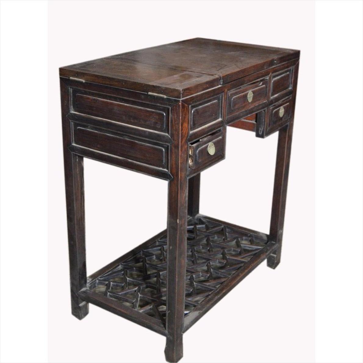 Dark lacquered wood Chinese vintage dressing table with mirror, three drawers, brass handles, and lattice shelf.