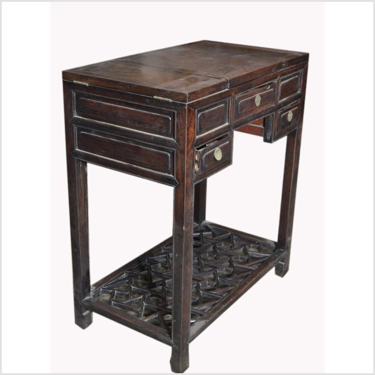 Chinese Vintage Dark Lacquered Wood Dressing Table with Mirror and Drawers-4. Asian &amp; Chinese Furniture, Art, Antiques, Vintage Home Décor for sale at FEA Home
