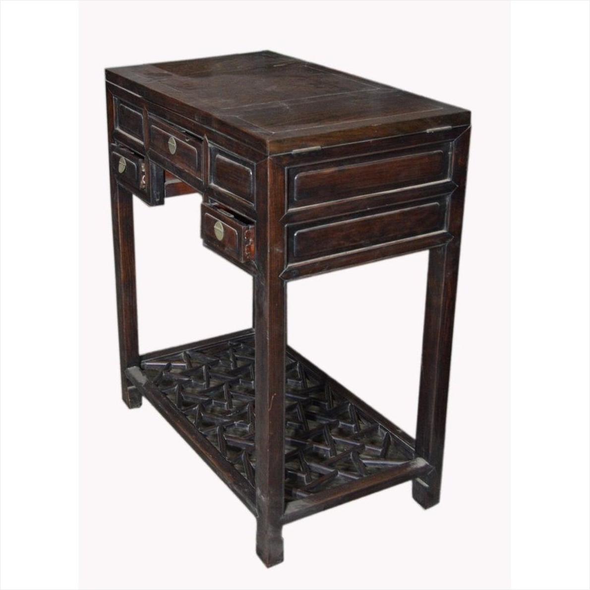 Dark lacquered wood Chinese vintage dressing table with mirror, drawers, and geometric lattice lower shelf.