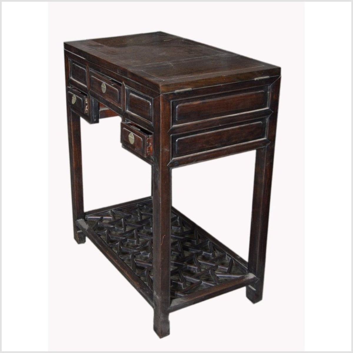 Chinese Vintage Dark Lacquered Wood Dressing Table with Mirror and Drawers-5. Asian &amp; Chinese Furniture, Art, Antiques, Vintage Home Décor for sale at FEA Home