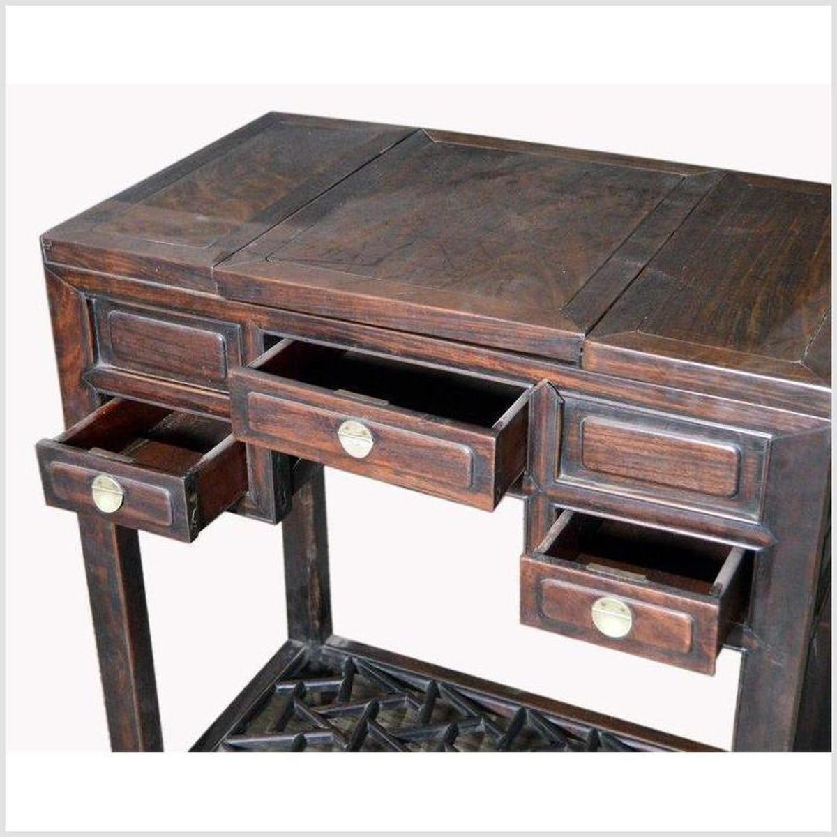 Chinese Vintage Dark Lacquered Wood Dressing Table with Mirror and Drawers-6. Asian &amp; Chinese Furniture, Art, Antiques, Vintage Home Décor for sale at FEA Home