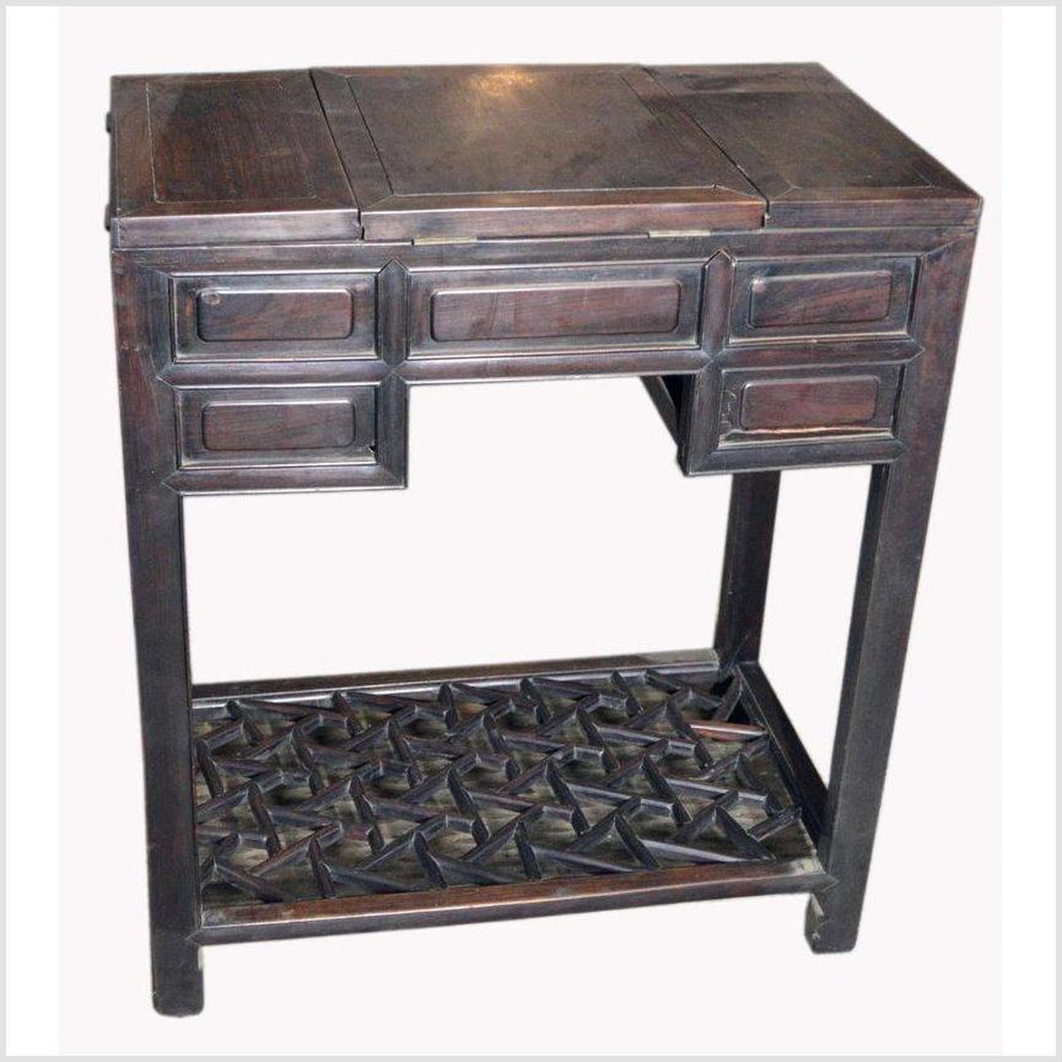 Chinese Vintage Dark Lacquered Wood Dressing Table with Mirror and Drawers-7. Asian &amp; Chinese Furniture, Art, Antiques, Vintage Home Décor for sale at FEA Home