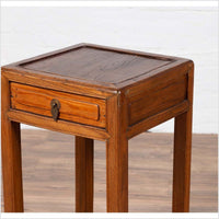 Chinese Vintage Elmwood Lamp Table with Single Drawer and Cracked Ice Shelf