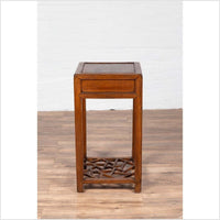Chinese Vintage Elmwood Lamp Table with Single Drawer and Cracked Ice Shelf
