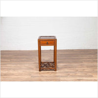 Chinese Vintage Elmwood Lamp Table with Single Drawer and Cracked Ice Shelf
