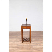 Chinese Vintage Elmwood Lamp Table with Single Drawer and Cracked Ice Shelf