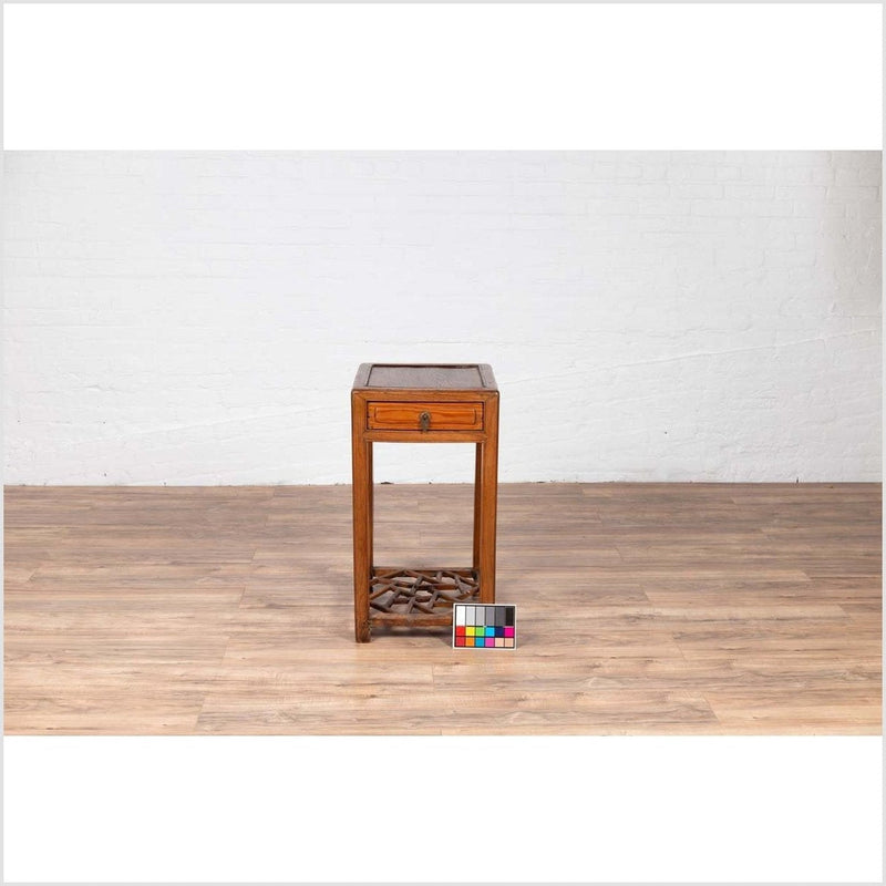 Chinese Vintage Elmwood Lamp Table with Single Drawer and Cracked Ice Shelf-YN6144-5. Asian & Chinese Furniture, Art, Antiques, Vintage Home Décor for sale at FEA Home