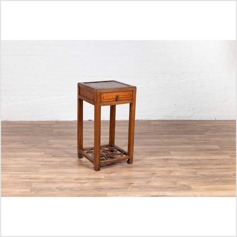 Chinese Vintage Elmwood Lamp Table with Single Drawer and Cracked Ice Shelf-YN6144-10. Asian & Chinese Furniture, Art, Antiques, Vintage Home Décor for sale at FEA Home