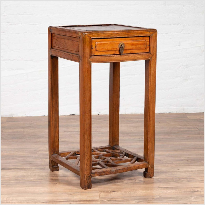 Chinese Vintage Elmwood Lamp Table with Single Drawer and Cracked Ice Shelf-YN6144-2. Asian & Chinese Furniture, Art, Antiques, Vintage Home Décor for sale at FEA Home