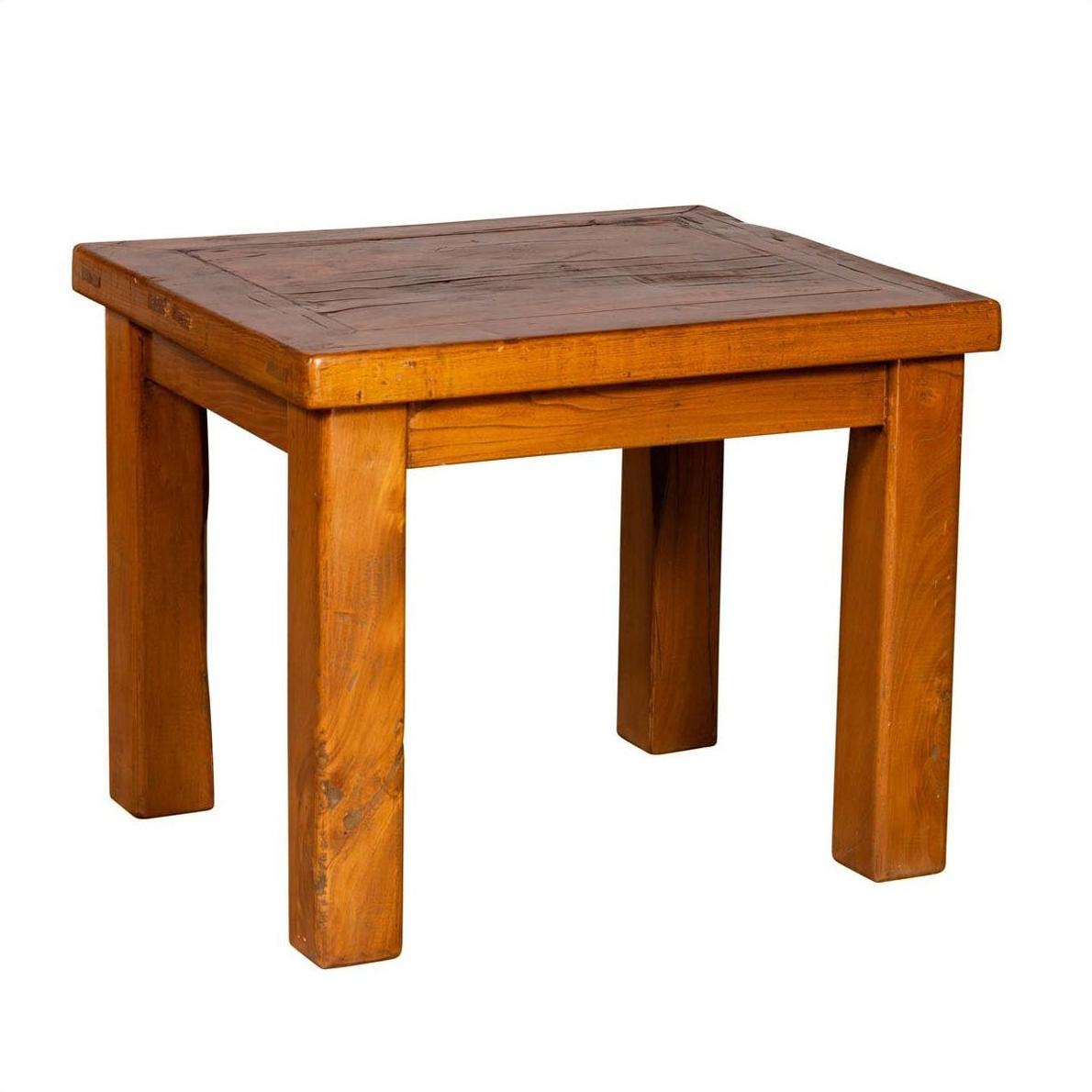 Brown natural wood square side table with thick legs, Chinese vintage style, shown in a rustic contemporary design.