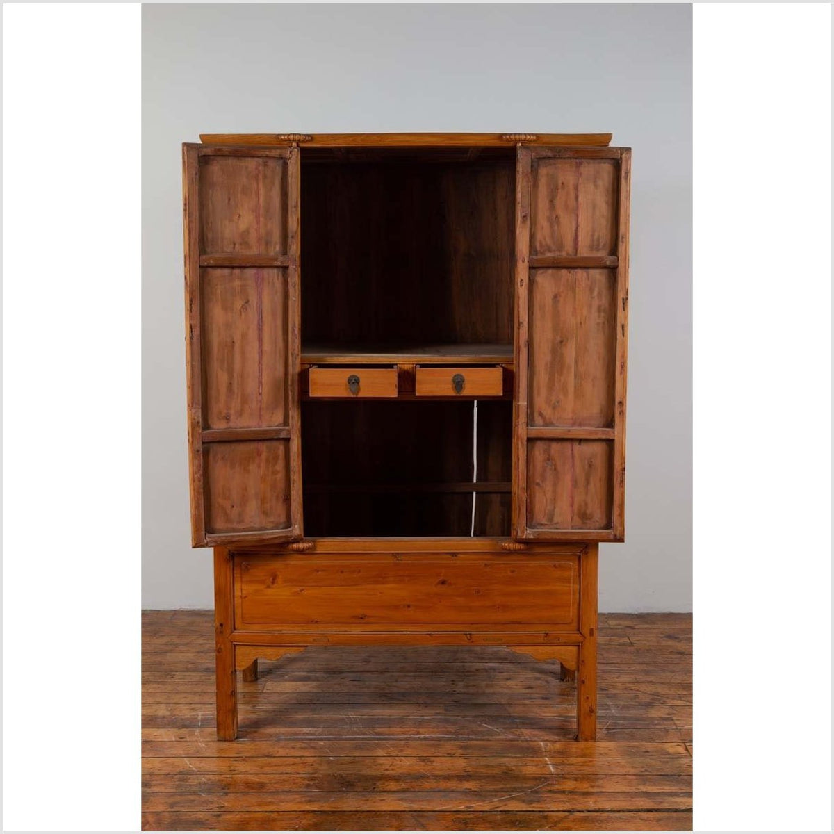 Chinese Vintage Natural Wood Two-Door Cabinet with Floral Décor and Drawers-13. Asian &amp; Chinese Furniture, Art, Antiques, Vintage Home Décor for sale at FEA Home