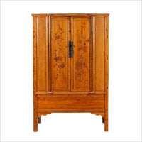 Chinese Vintage Natural Wood Two-Door Cabinet with Floral Décor and Drawers