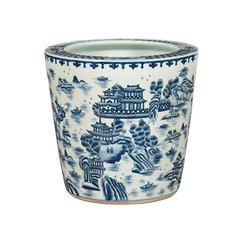 Chinese Vintage Porcelain Cache-Pot Planter with Blue and White Landscape-YN3516-1. Asian & Chinese Furniture, Art, Antiques, Vintage Home Décor for sale at FEA Home
