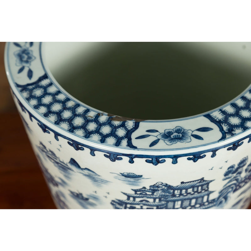 Chinese Vintage Porcelain Cache-Pot Planter with Blue and White Landscape-YN3516-10. Asian & Chinese Furniture, Art, Antiques, Vintage Home Décor for sale at FEA Home