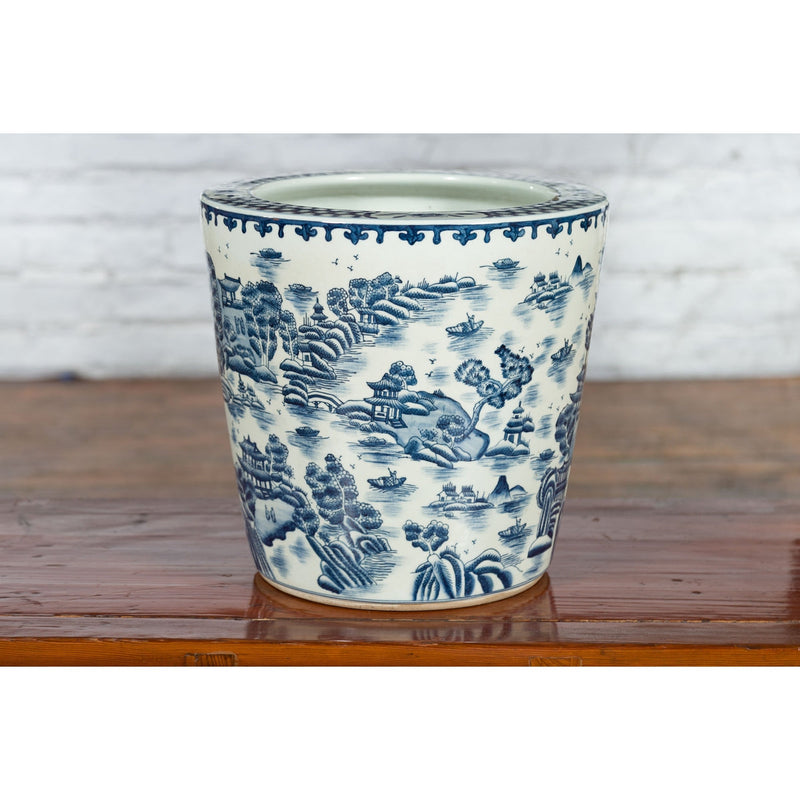Chinese Vintage Porcelain Cache-Pot Planter with Blue and White Landscape-YN3516-12. Asian & Chinese Furniture, Art, Antiques, Vintage Home Décor for sale at FEA Home