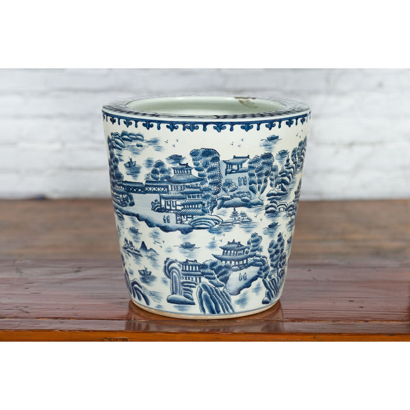 Chinese Vintage Porcelain Cache-Pot Planter with Blue and White Landscape-YN3516-13. Asian & Chinese Furniture, Art, Antiques, Vintage Home Décor for sale at FEA Home